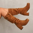 thumbnail image 3 of Womens Platform Boots Casual Suede Slouchy Pull on Mid Calf Winter Booties Block Heel Buckle Strap Dress Long Boots Brown Size 10.5, 3 of 7