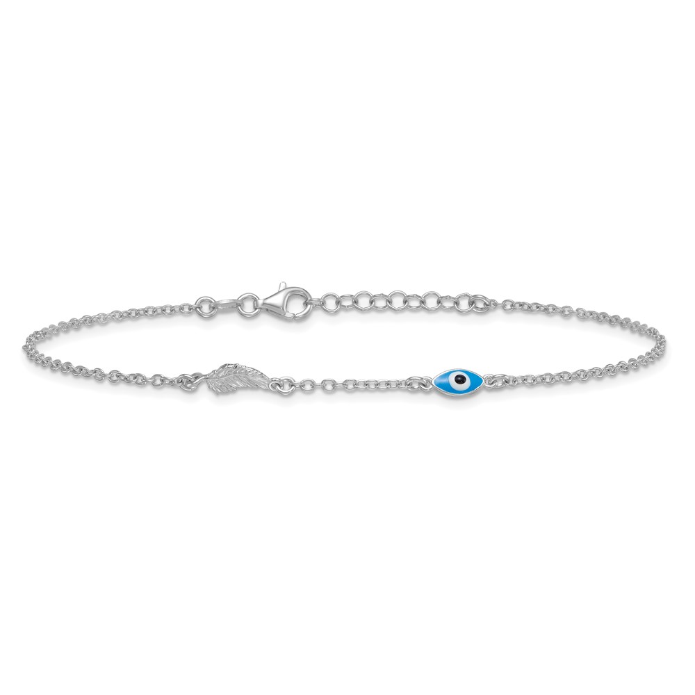 Sterling Silver Rhodium-plated Glass Evil Eye 3-Station 9 inch with 1 inch Extension Anklet