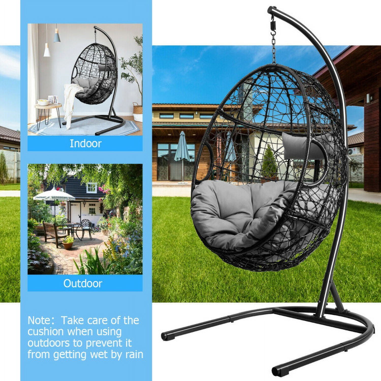 Aimee Lii Hanging Cushioned Hammock Chair with Stand, Patio Swing Chair, Gray