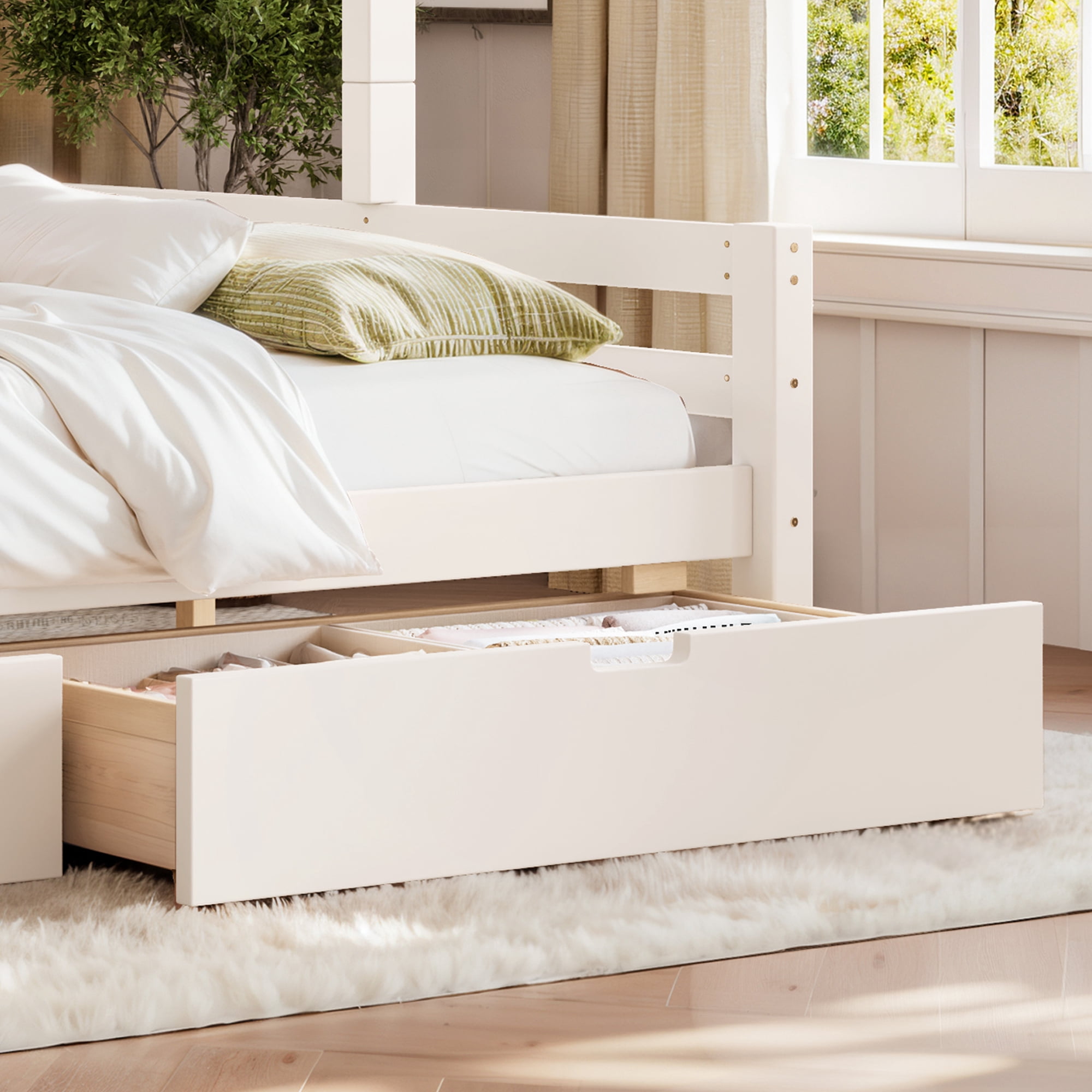 Leumius Twin XL over Queen Bunk Bed with Storage Drawers, Chic Curved Guardrail & Side Storage Shelves, Bunk Bed Frame with Ladder Beige