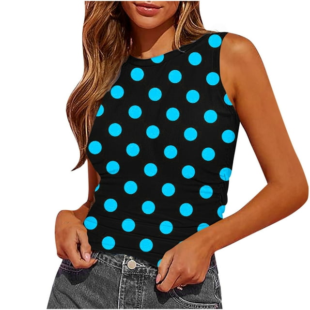 Plebaso Débardeurs d'Été pour Femmes Slim Imprimé Sans Manches Col Rond Tee-Shirts Froncés Blouses Décontractées pour Femmes
