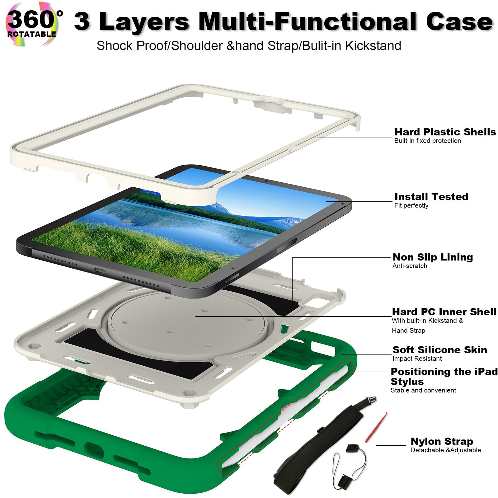 TECH CIRCLE for Apple iPad Mini (A17 Pro/A15) 7th/6th Generation Case 8.3-Inch (2024/2021 Release), Durable Shockproof Protective Back Cover Case with Kickstand /Hand Strap /Shoulder Strap, Deep Green