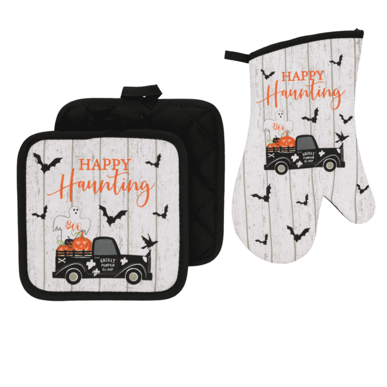 Halloween Oven Mitts and Pot Holders Sets, Halloween Kitchen Heat Resistant  Non-Slip Pot Holders Set for Cooking Baking BBQ 