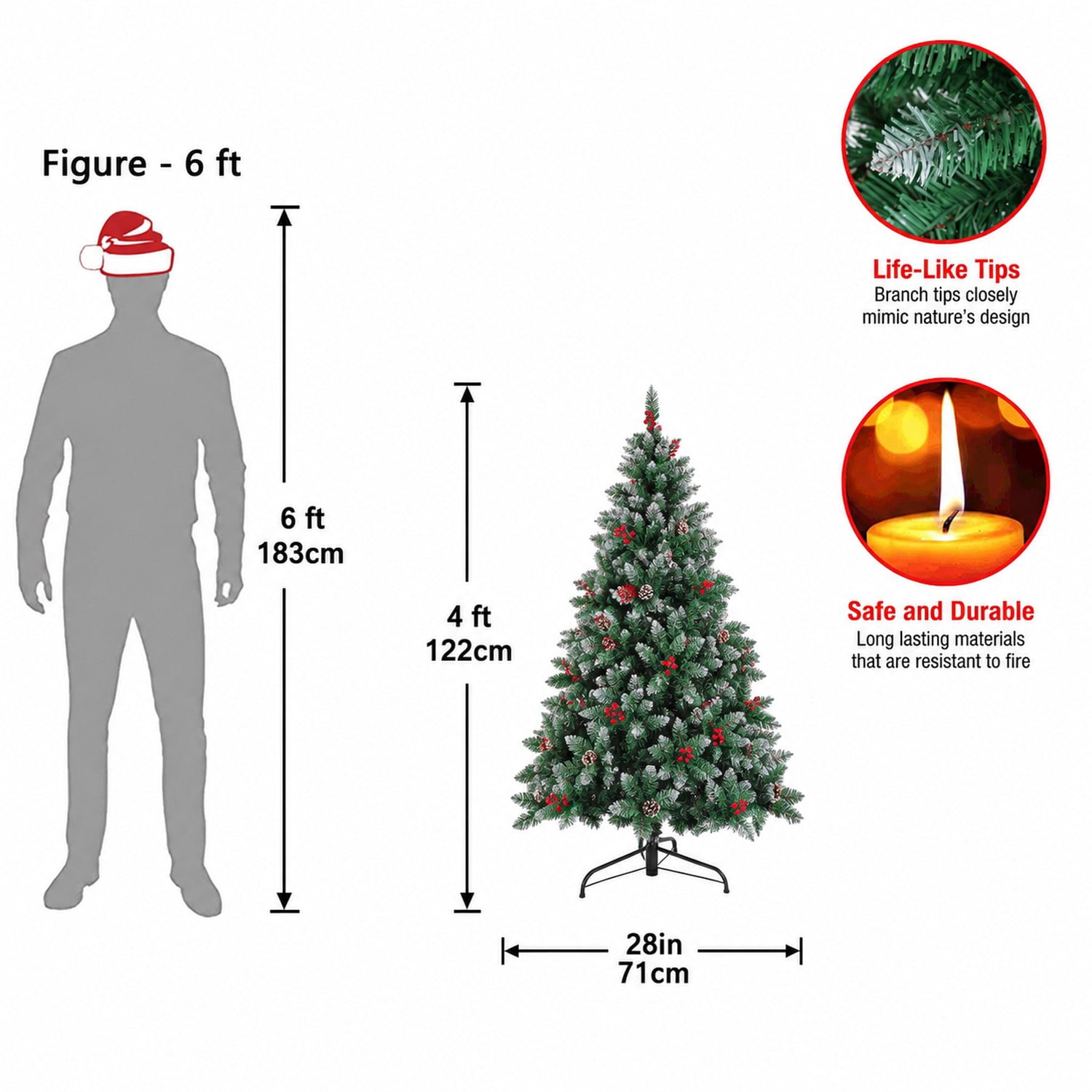 4ft Artificial Christmas Tree with 60 LED Lights, Army Green, 308 Branch Tips, Metal Hinges & Foldable Base