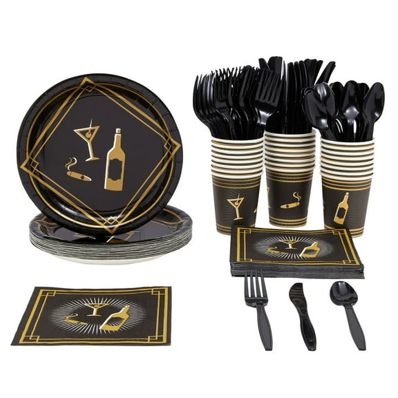 144 Piece 1920s Party Decorations - Murder Mystery Theme Party Paper Plates, Cups, Napkins and Cutlery (Serves 24)