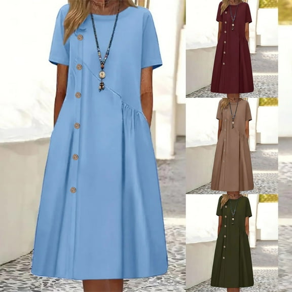 USSUMA Spring Dresses for Women 2025 Summer Dress Short Sleeve Crew Neck Casual Dress with Pocket Maxi Dress Elegant Dress Fashion Skirt Daily Wear Online Shopping Army Green Dress Size-L