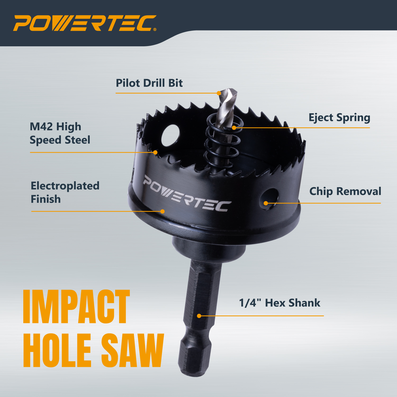 POWERTEC 3pcs Impact Hole Saw Set for Metal & Wood - Includes 7/8", 1-1/8", 1-3/8" M42 High Speed Steel Blade, High Carbon Steel Body, 1/4" Hex Shank for Impact Drivers & Drills (14910N)
