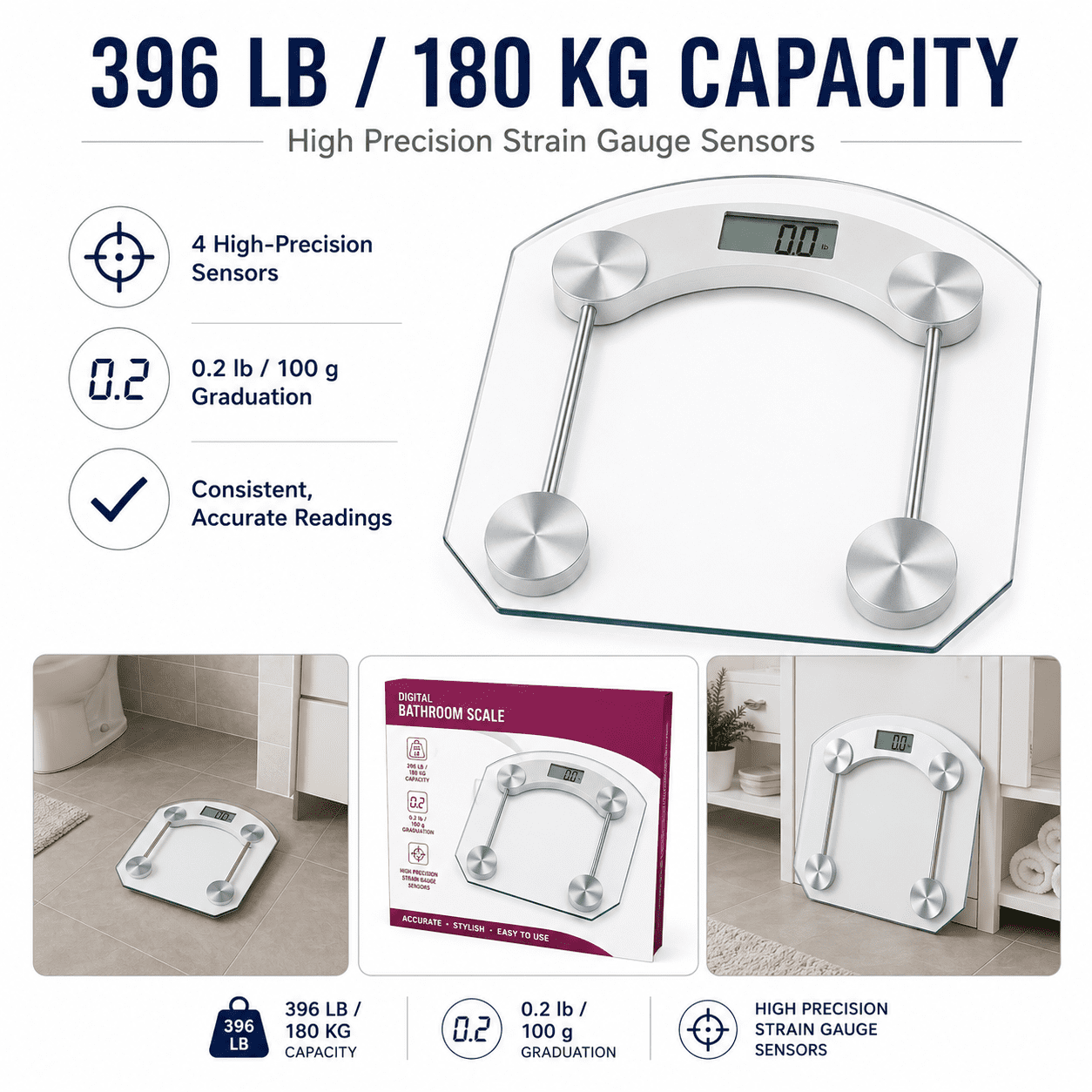Dependable Industries Personal Digital Bathroom Scale 396 lb Capacity Glass LCD Body Weight Scale with Step-On Technology