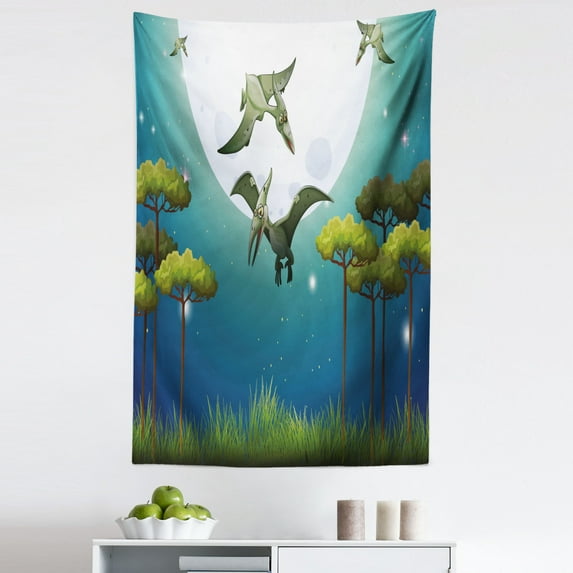Dinosaur Tapestry, Cartoon Style Dinosaurs Flying on Full Moon Night Enchanted Forest, Fabric Wall Hanging Decor for Bedroom Living Room Dorm, 5 Sizes, Green White Blue, by Ambesonne