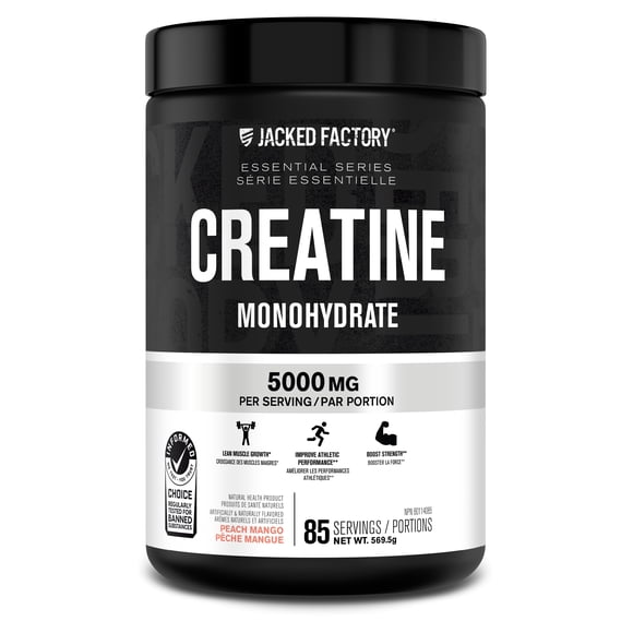 Jacked Factory Poudre de Créatine Monohydrate 570 g - Supplément Certifié Informed Choice Appartenant à des Canadiens pour Augmenter la Masse Musculaire*, Améliorer la Force, la Puissance et la Performance** - 85 Portions, Pêche Mangue