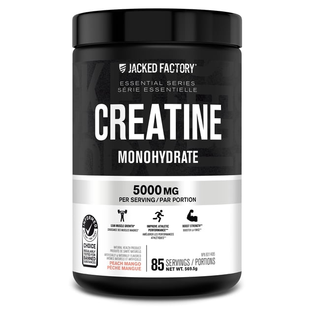 Jacked Factory Creatine Monohydrate Powder 570g - Canadian-Owned Informed Choice Certified Supplement for Increased Muscle Mass*, Improved Strength, Power, & Performance** - 85 Servings, Peach Mango