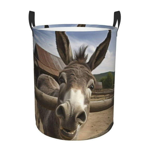 PHELIKA Funny Donkey Laundry Hamper Waterproof Foldable Oxford Fabric Organizer Large Storage Bins For Dirty Clothes Round Baby Laundry Basket Toy Organizer Baskets