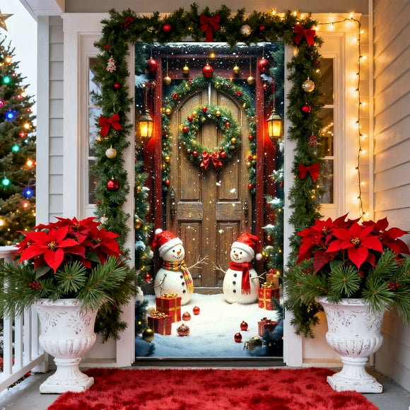 Cortina navideña para puerta con diseño de Papá Noel | Decoración festiva para la puerta principal o la pared | Decoración de tela de poliéster para puertas, ventanas o mesas