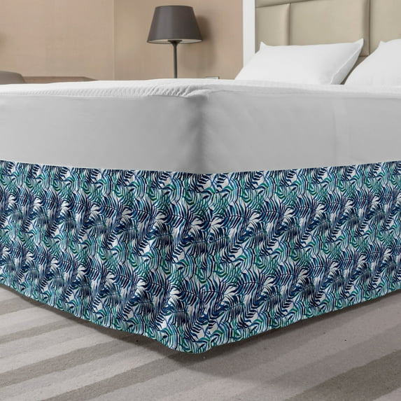 Palm Leaf Bed Skirt, Watercolor Pattern with Various Leaves Tropical Nature Inspired, Elastic Bedskirt Dust Ruffle Wrap Around for Bedding Decor, 4 Sizes, Turquoise Navy Blue, by Ambesonne