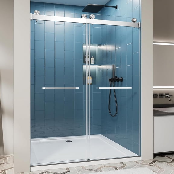 Shower Door Frameless, 60" W × 76" H Double Sliding Shower Door for Bathroom, 5/16" (8mm) Tempered Glass Door for Walk-in Shower, Stainless Steel Handle, ‎Chrome