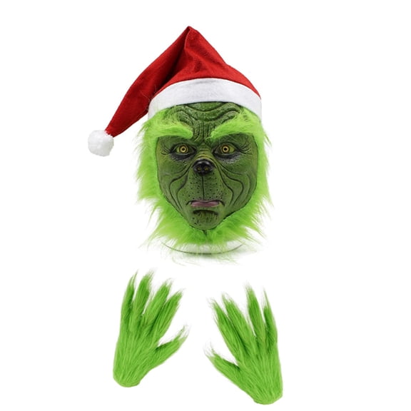 Christmas  Mask Gloves, Green Cosplay Christmas Costume Latex mask Cosplay Costume Accessories for Adult