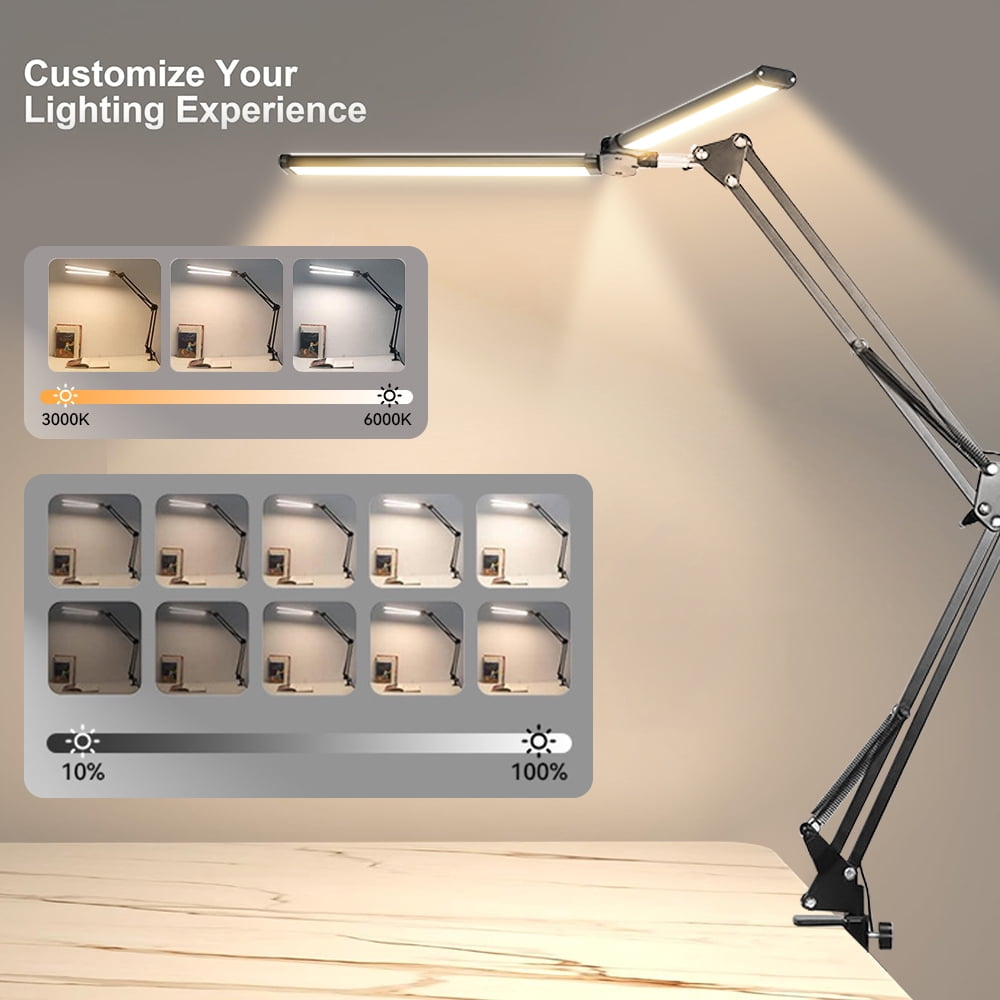 LED Desk Lamp for Home Office, Tall Double Head Desk Lamp with Clamp, Architect Desk Light, Foldable Computer Desk Light for Reading Study Work Gaming