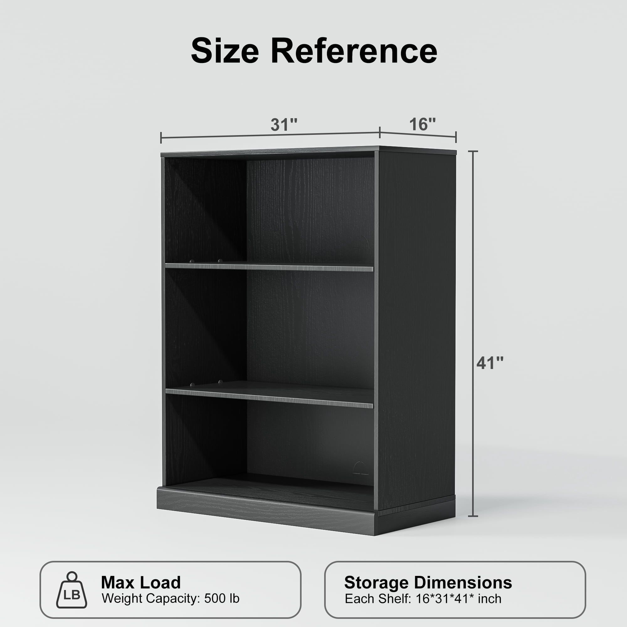 MAYEERTY 3-Shelf 16*31*41"Black Wood Grain Bookcase with Adjustable Shelves, Durable Storage for Home or Office