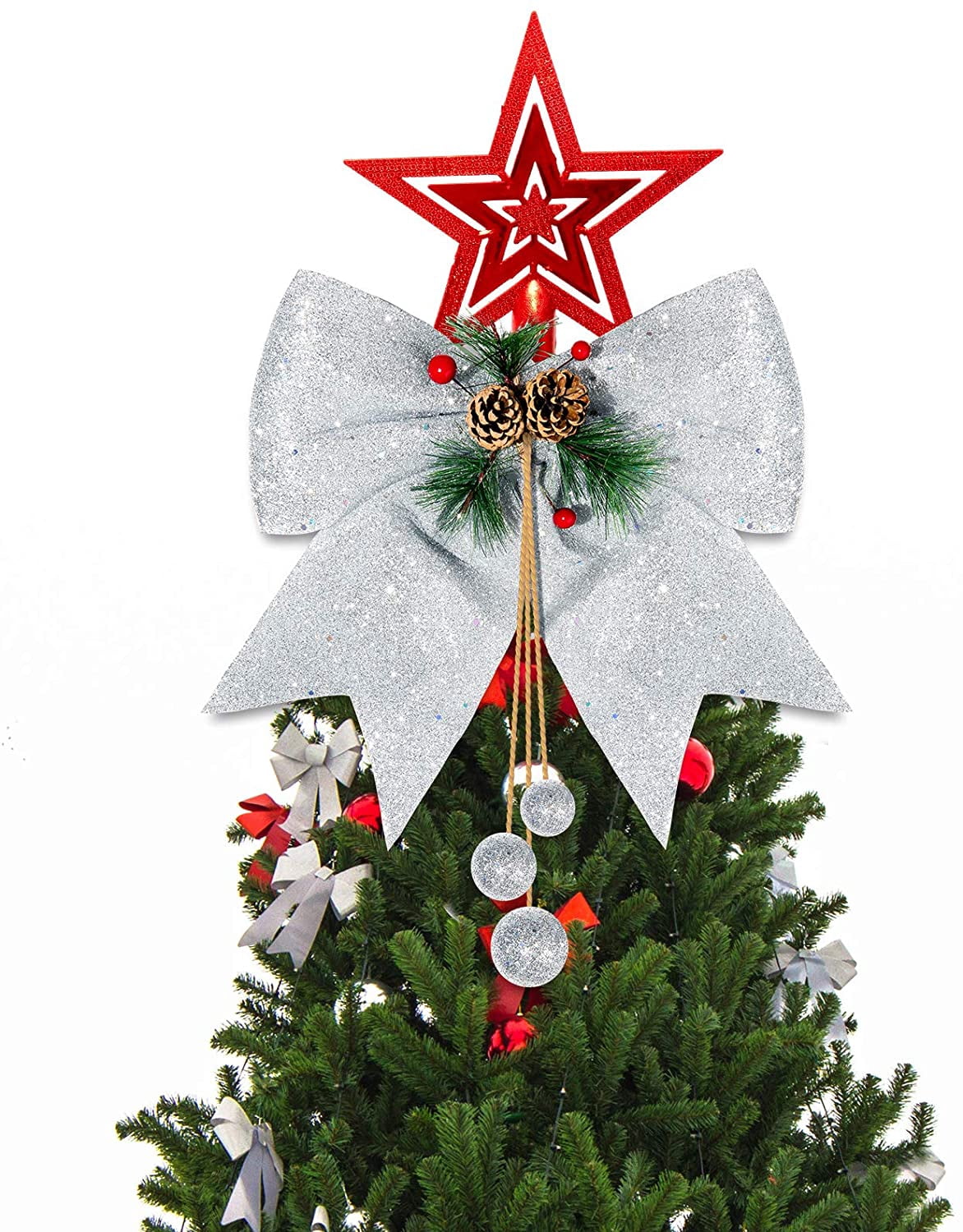 Whaline 4pcs Christmas Bow, Silver Wreaths Bows, Large Glitter Ribbon Bow Tie, Large Xmas Bows, Wreath Ornament Decor for Christmas Tree Party Gift, 9.8 x 11.8