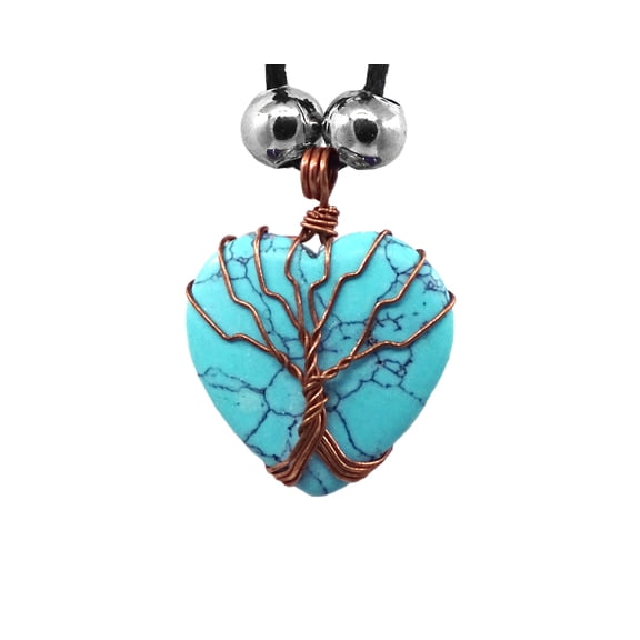 Tree of Life Copper Metal Wire Wrapped Heart Shaped Healing Gemstone Crystal Cabochon Pendant Adjustable Necklace - Womens Fashion Handmade Jewelry Boho Accessories