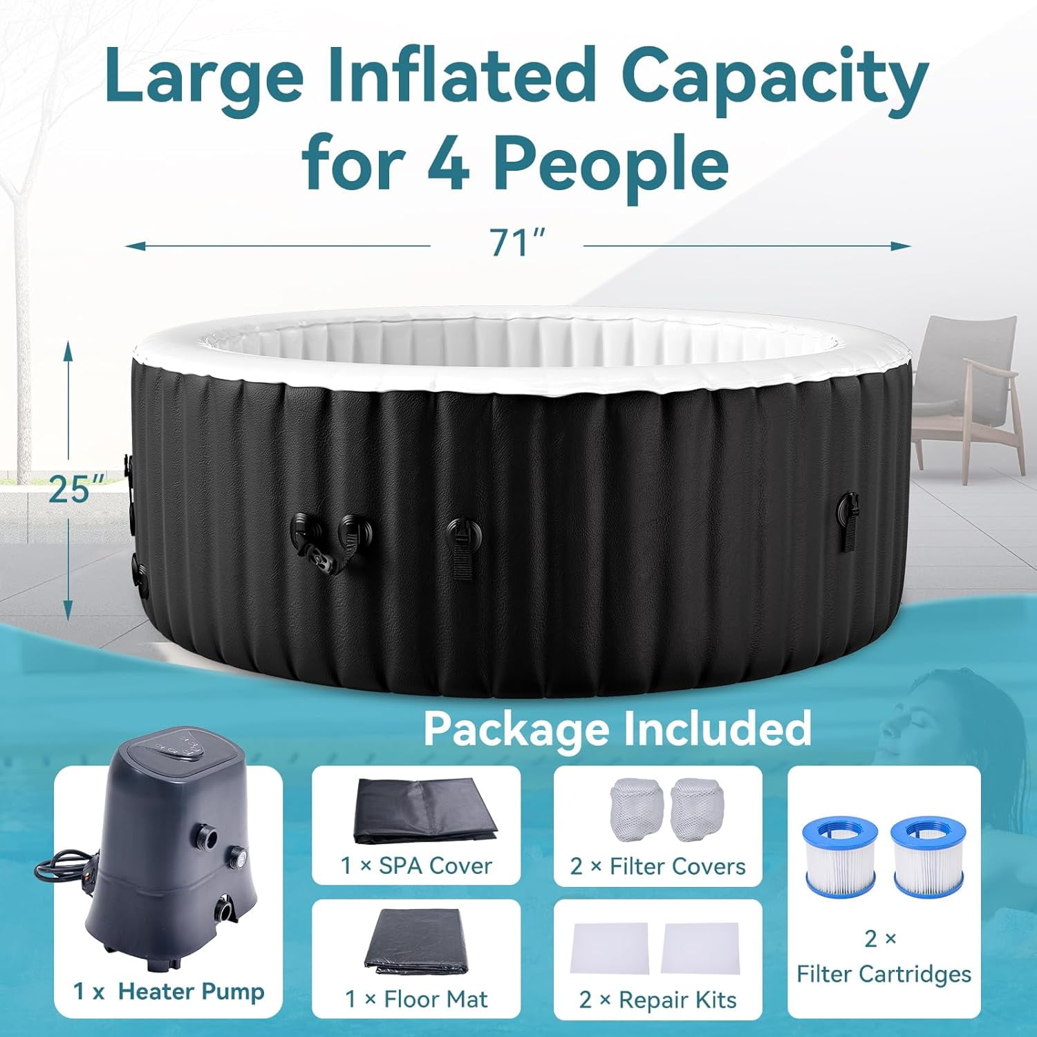 211 Gallon Inflatable Hot Tub 4 Person Round with LED Lights, Portable Outdoor AirJet Hot Tub Spa with 110 Bubble Jets, Filter, Insulated Tub Cover and Floor Protector, Temperature up to 104°F