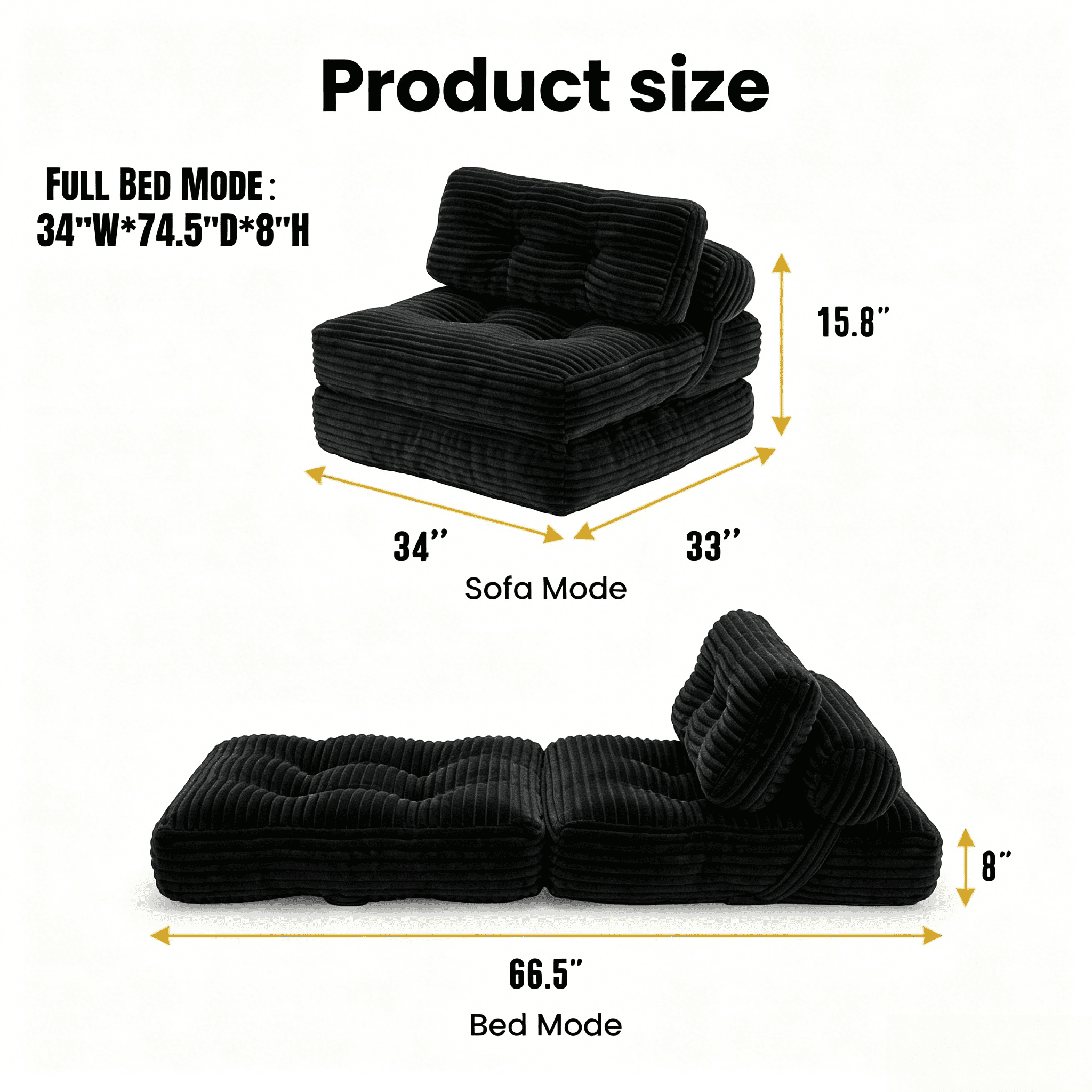 Howcool Corduroy Folding Sofa Bed,3 in 1 Convertible Sleeper Chair with Pillow & Lumbar Pillow,Boneless Floor Sofa Couch Lounge Chair for Living Room Dorm,Black