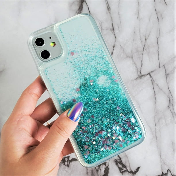 iPhone 11 6.1" Mint Aqua Glitter Waterfall Liquid Bling Floating Hearts