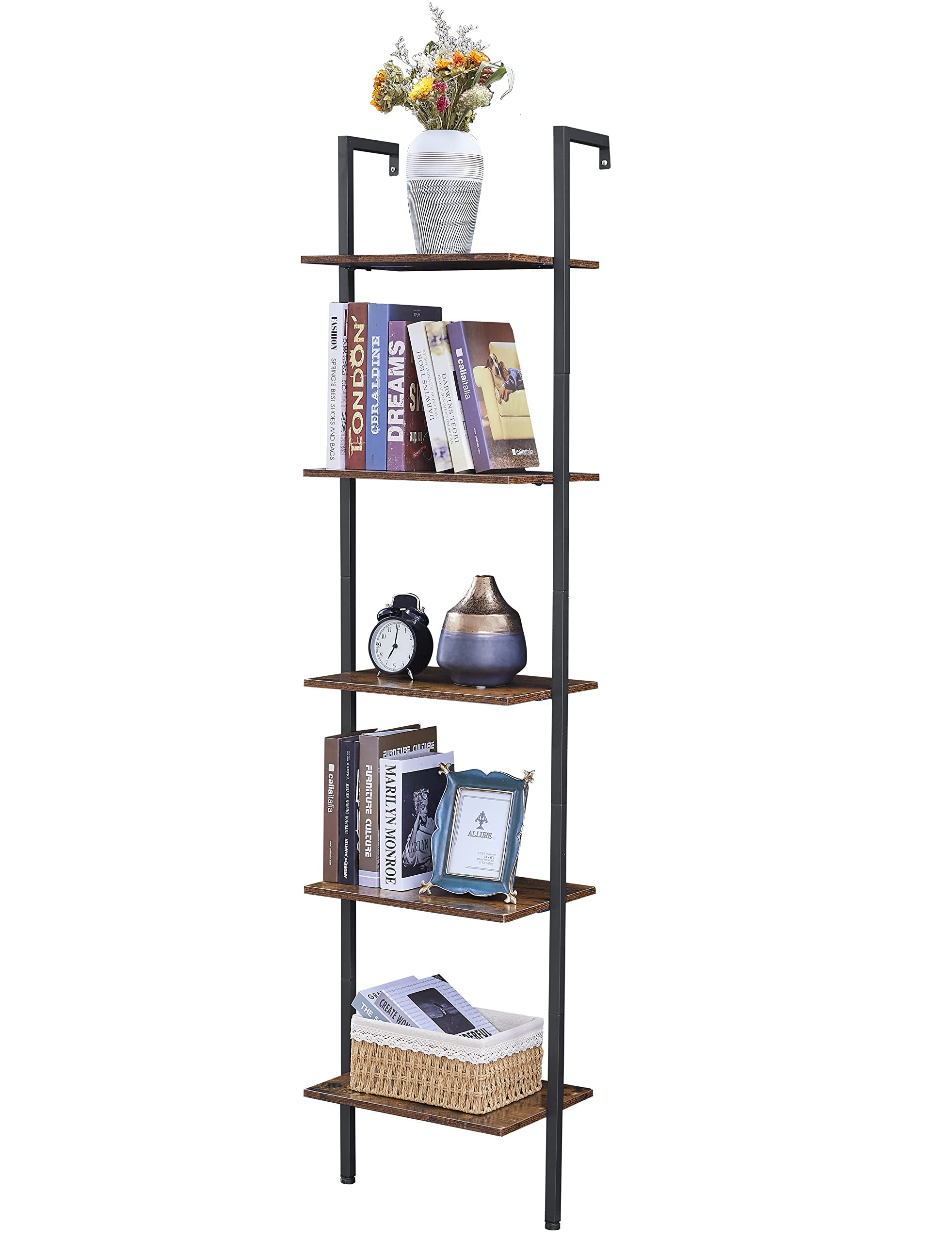 Tajsoon Industrial Bookcase, Ladder Shelf, 5Tier Wood Wall Mounted
