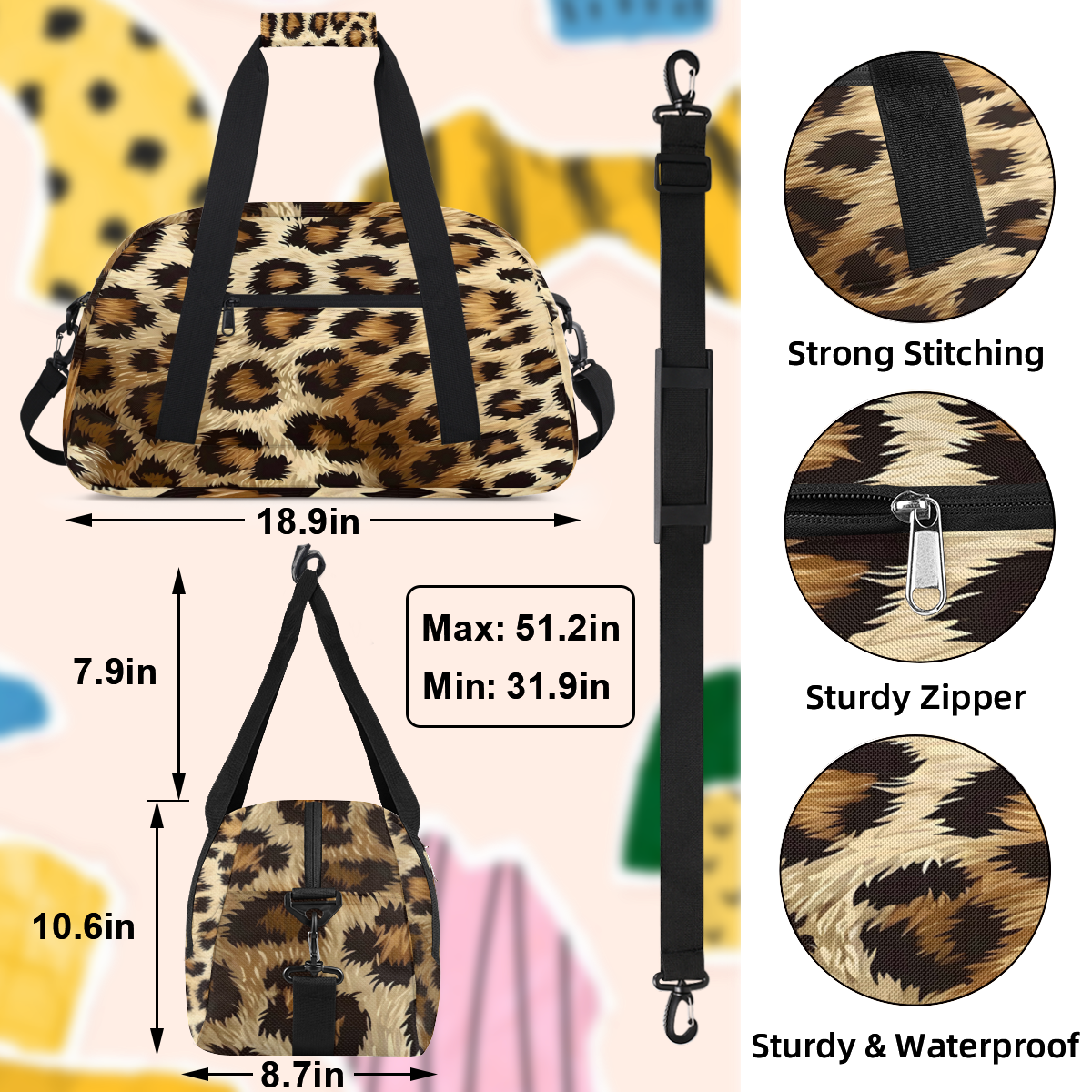 Herdesigns Sports Duffle Bags Travel Duffle Bag Gym Bag Vintage Leopard Print Weekender Travel Bag Waterproof Overnight Bag Carry On Travel Tote Bag Dance Bags