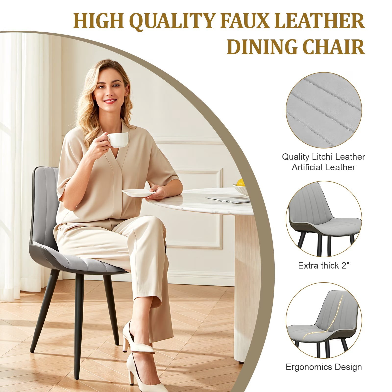 PU Leather Dining Chairs Set of 6, Light Grey & Dark Grey Wave Pattern Upholstered Kitchen Chairs with Metal Legs, Modern Armless Side Chairs for Dining Room, Restaurant, Living Room