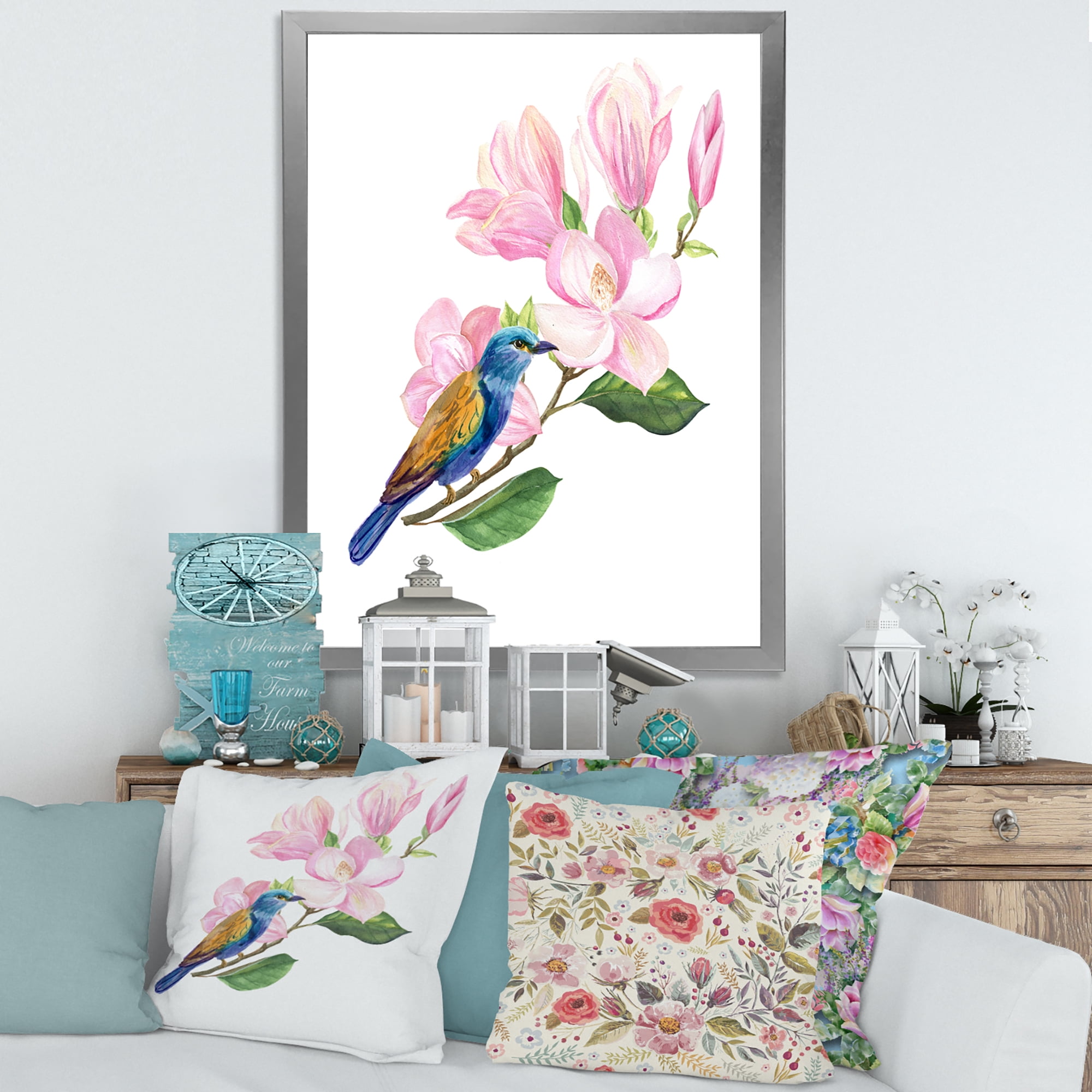 Designart 'Blue Bird Sitting On A Pink Magnolia' Traditional Framed Art Print