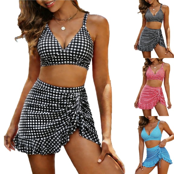 Mifsaly High Waisted Bikini Sets for Women Plaid Ruched Skort Swimsuits Ruffled Hem Two Piece Bathing Suit Beach Vacation Swimwear 2026 S