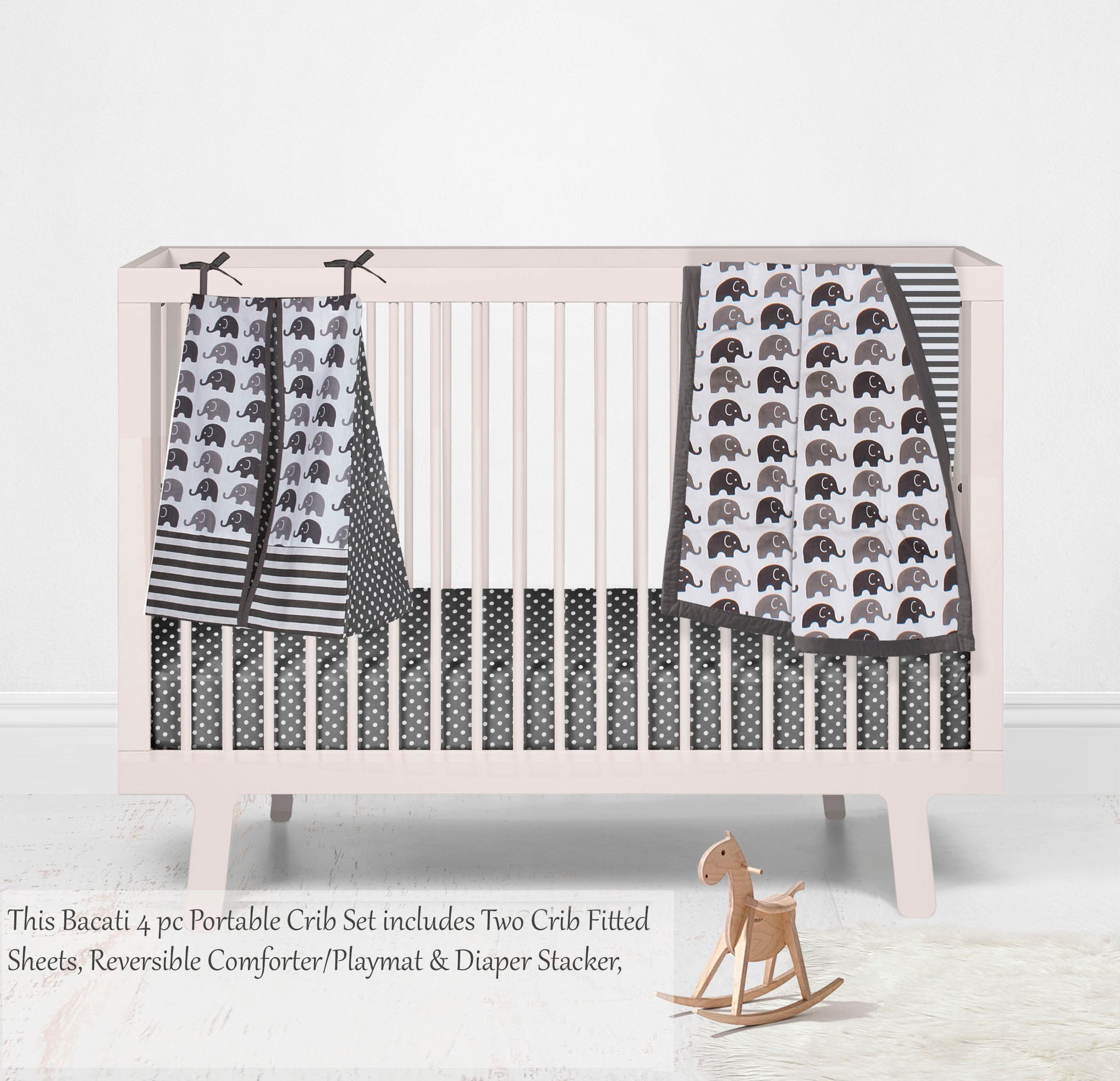 Bacati - Elephants White/Grey Mini Crib Bedding Set