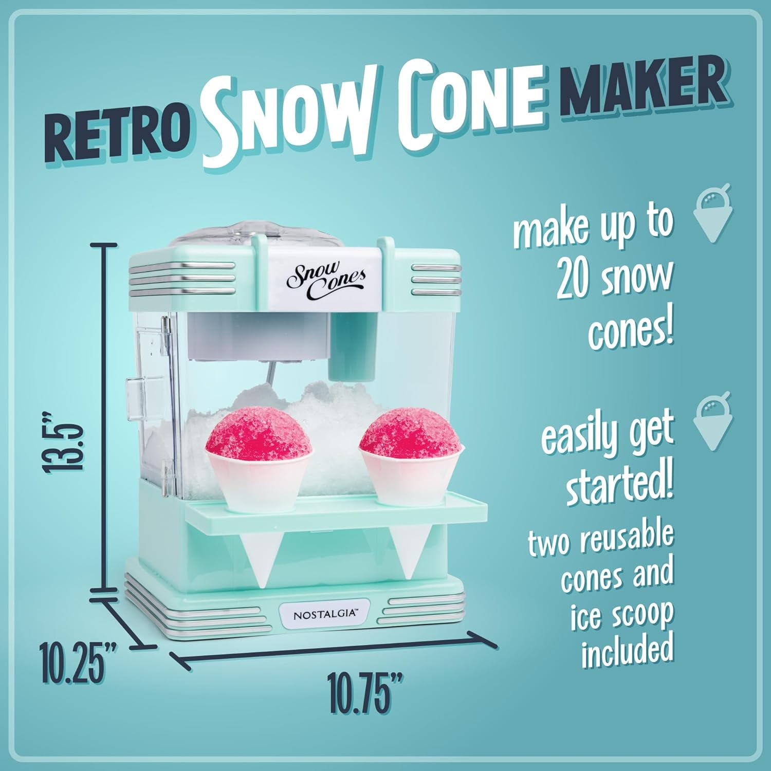 Nostalgia Snow Cone Maker, Tabletop Shaved Ice Machine with 2 Reusable Cones and Ice Scoop, Aqua