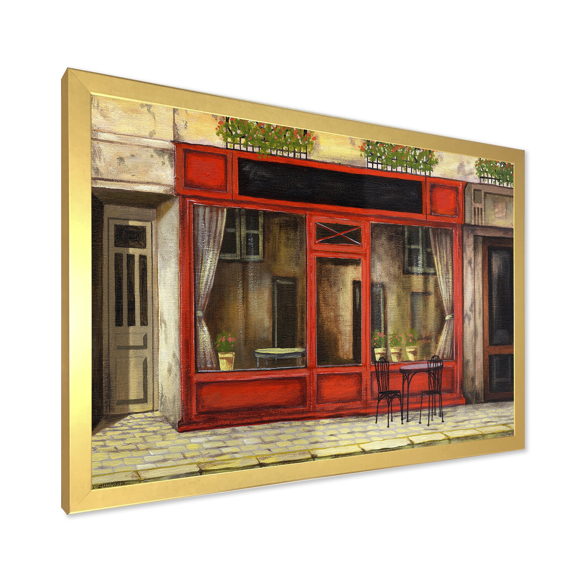 Red Facade of Charming Shop In Paris Street I 40 in x 30 in Framed Painting Canvas Art Print, by Designart