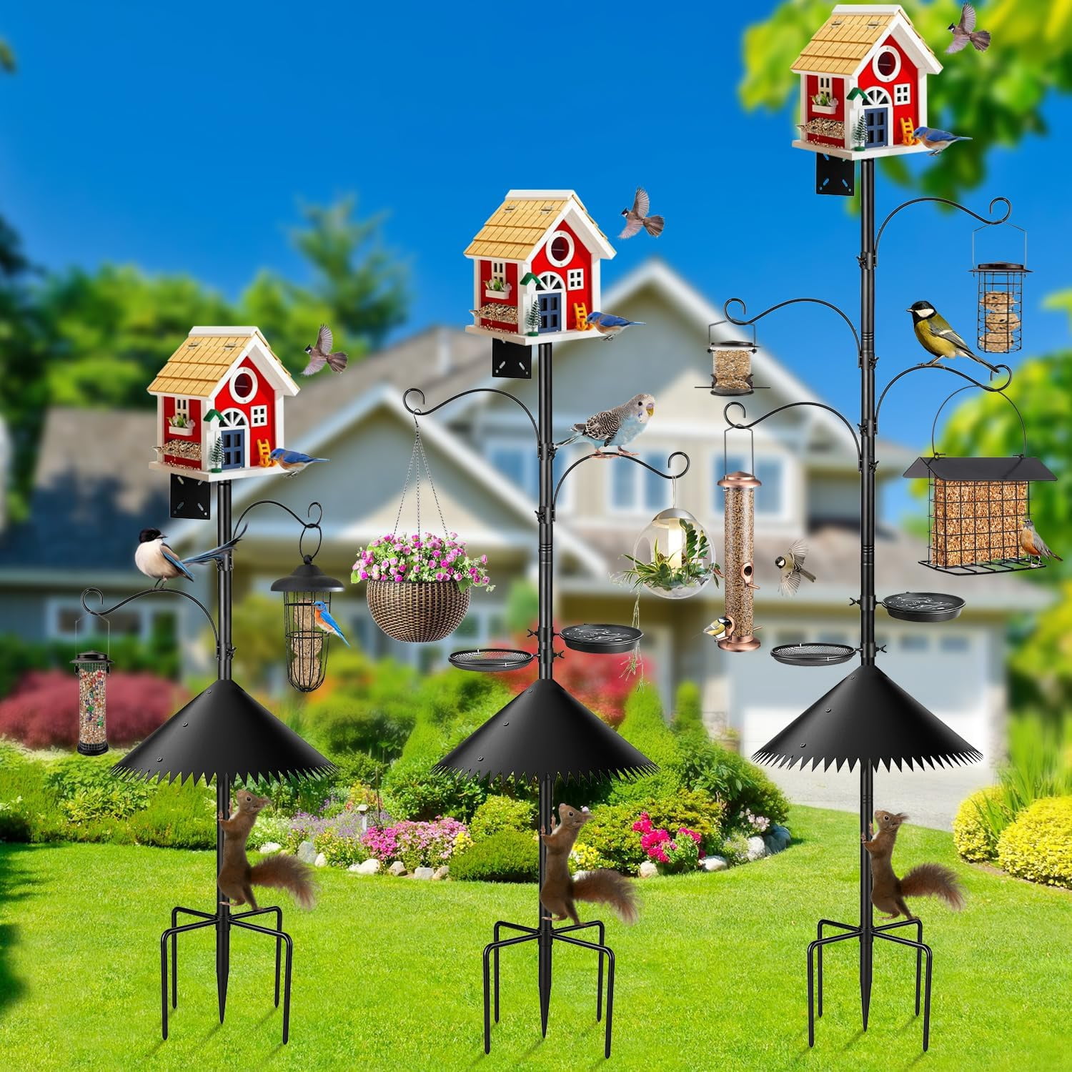 Bird Feeder Pole, Heavy Duty Birdhouse Pole with Spiked Baffle & 2 Tray, Adjustable Wild Bird Feeding Station Hanging Pole for Outdoors, Yard, Garden Decor (Without Birdhouse)