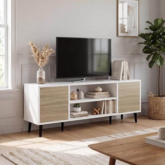 YiAiL Mid-Century Modern 50" Media Console, Storage TV Stand with Push-Open Cabinets & Cable Management, Oak