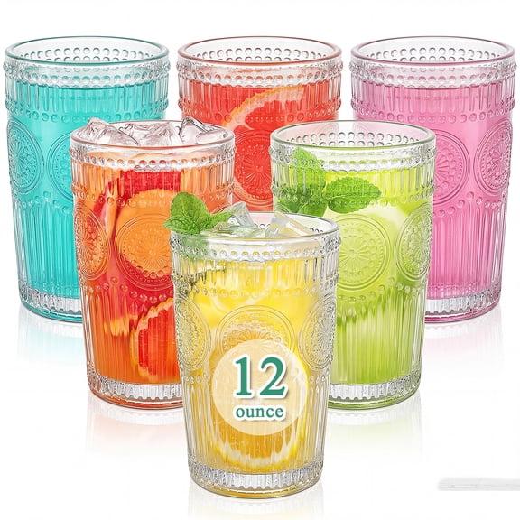 GPED Vintage Glassware Drinking Glasses Set of 6, 12 oz Textured Clear Striped Glass Cups, Tall Water Glass Tumblers, Ribbed Glassware Set for Water, Cocktails, Juice, Iced Coffee