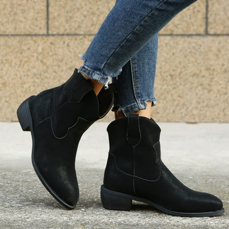 

ZMHEGW Women Boots Toe Round Color Solid Retro Short Slip On Heels Booties Boots Shoes