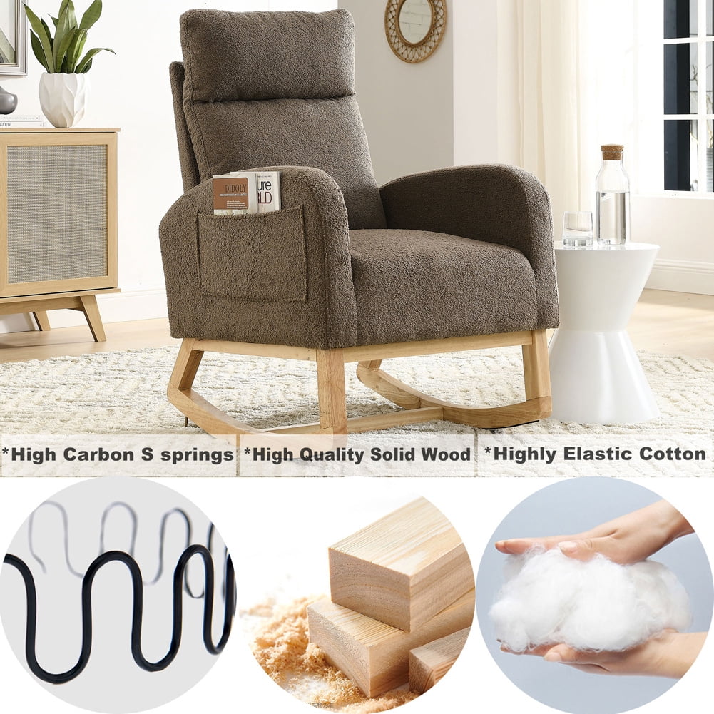 Rugerasy 27.6"W Accent Rocking Chair, Modern Upholstered Rocker Armchair For Nursery, Lounge Chair With 2 Side Pocket, High Backrest, Armrests For Living Room Bedroom