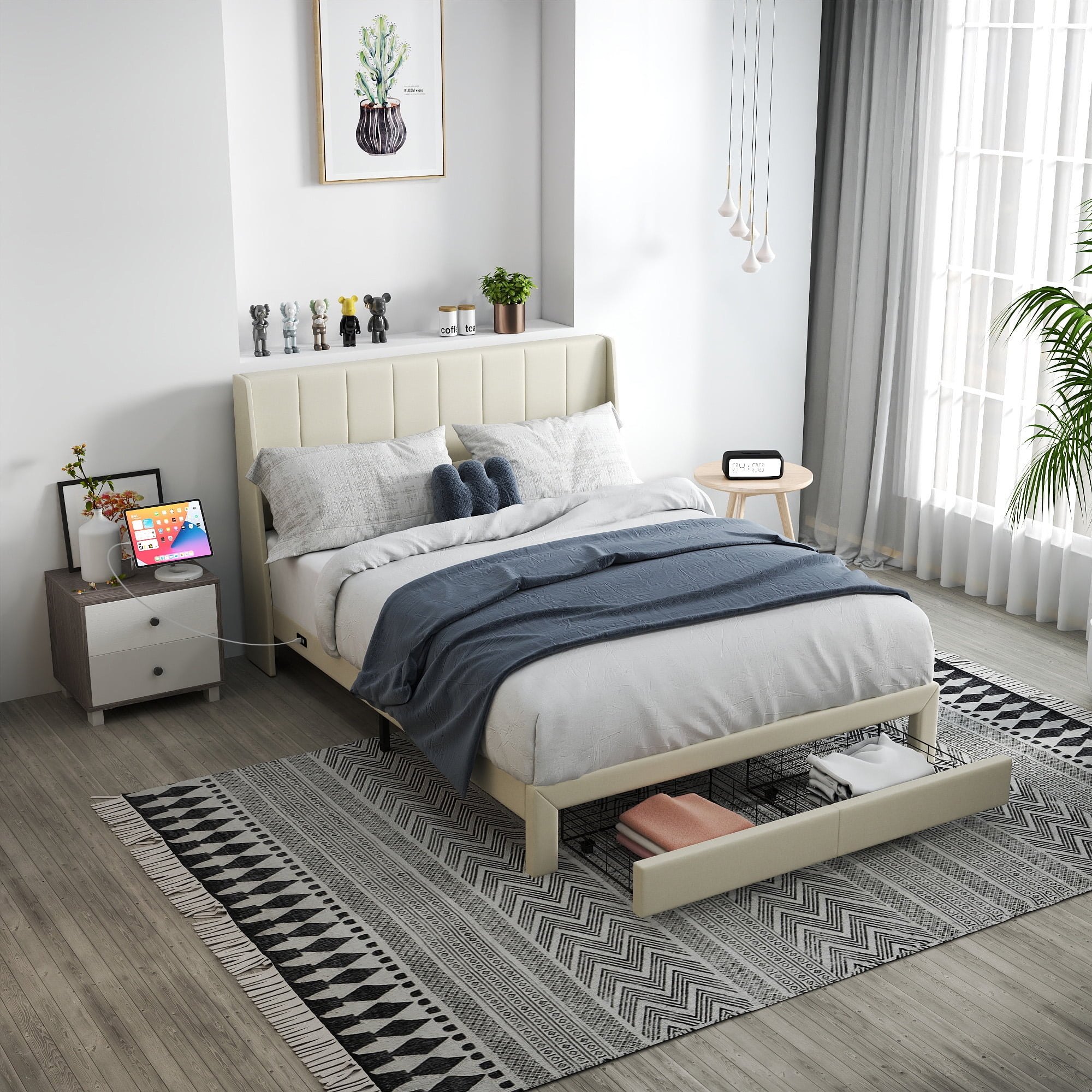Homy Casa Upholstered Platform Bed with USB Ports and Storage Drawers, Queen, Beige