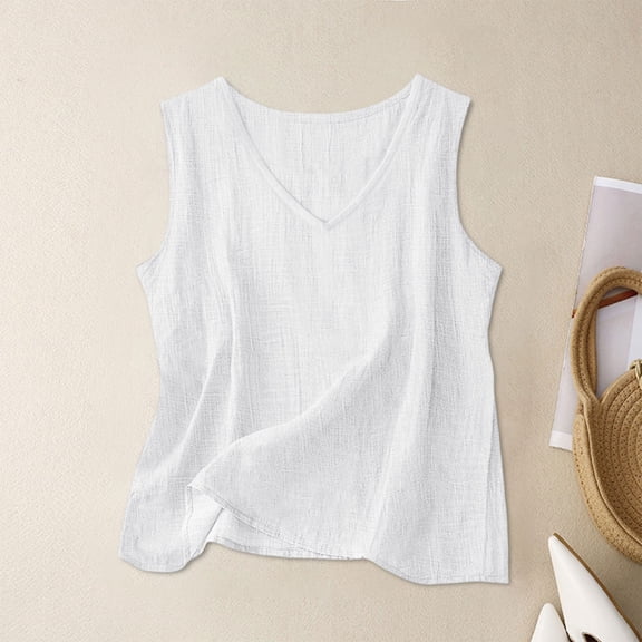 Xdegoge Sleeveless Tops for Women Cotton Linen V Neck Tank Tops Casual Basic Camisoles Lightweight Breathable Relaxed Fit Flowy Shirts for Summer Beach Vacation