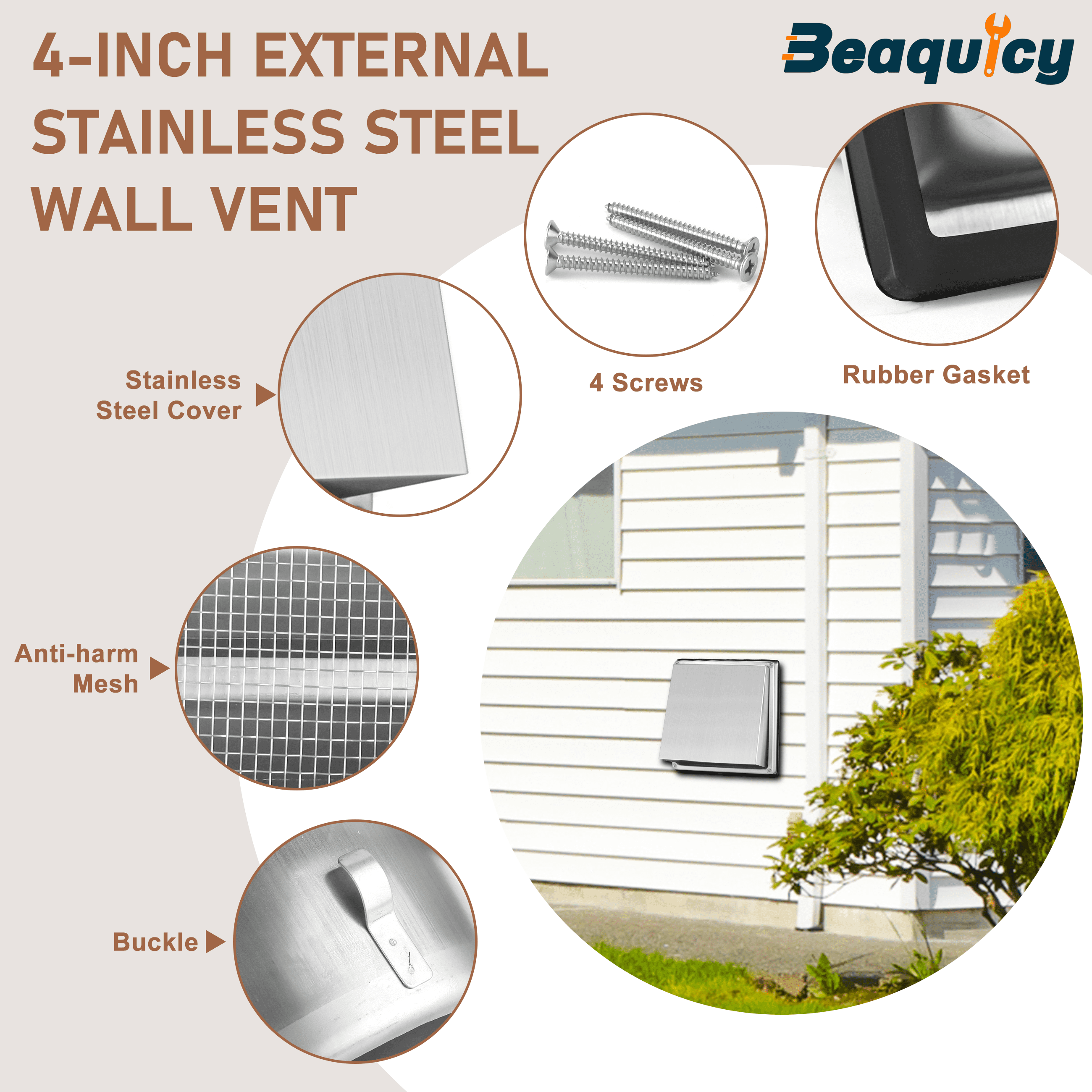 Beaquicy 4 Inch Square Stainless Steel External Vent Cover with Screws for Wall Ventilation