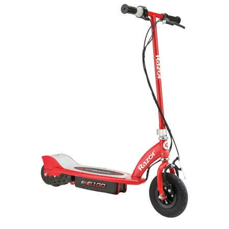 Razor E100 Electric Scooter - Red, for Kids Ages 8+ and up to 120 lbs, 8" Pneumatic Front Tire, 100W Chain Motor, Up to 10 mph & Up to 40 mins of Ride Time, 24V Sealed Lead-Acid Battery
