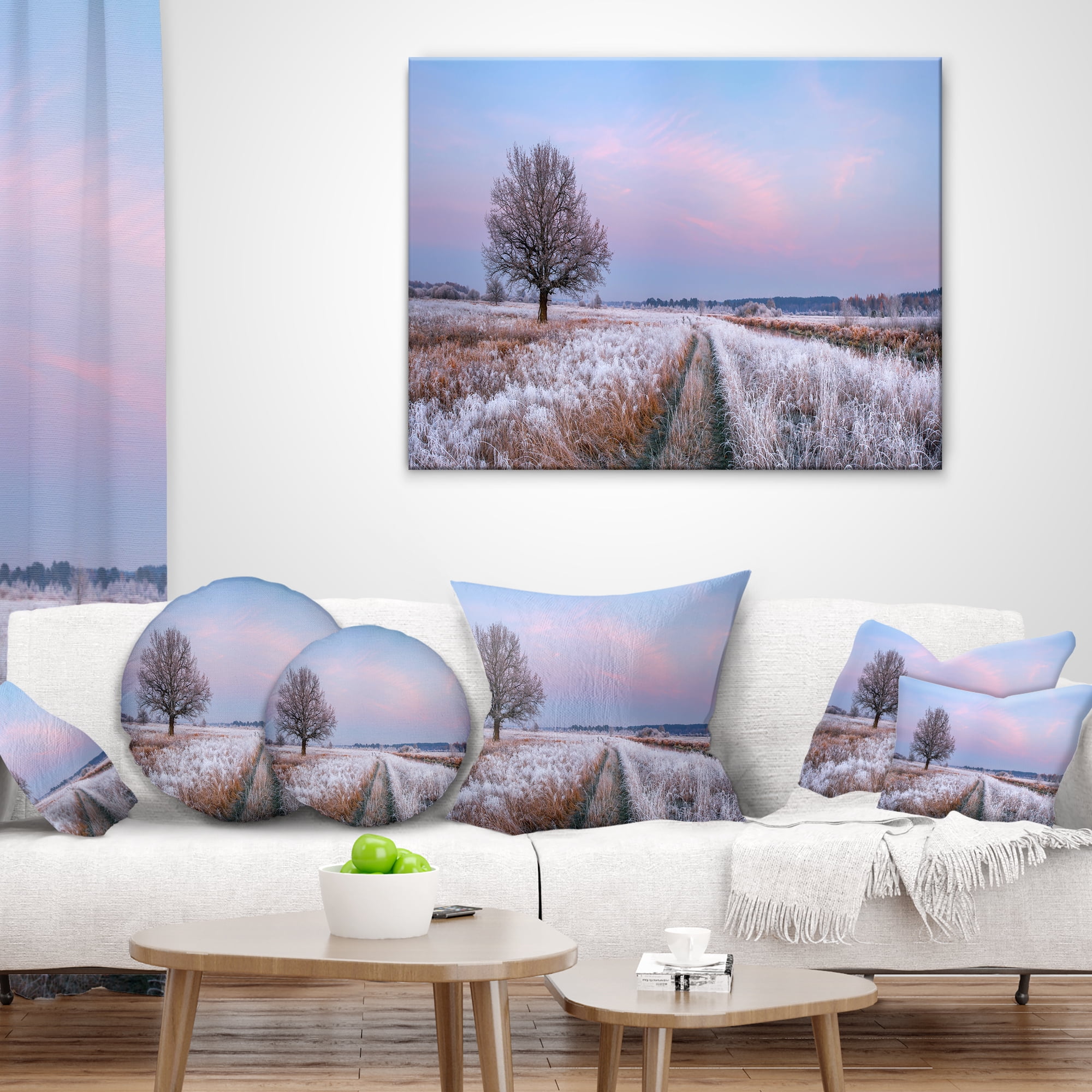 Designart Dry Oak Tree in Winter Panorama - Landscape Printed Throw Pillow - 18x18