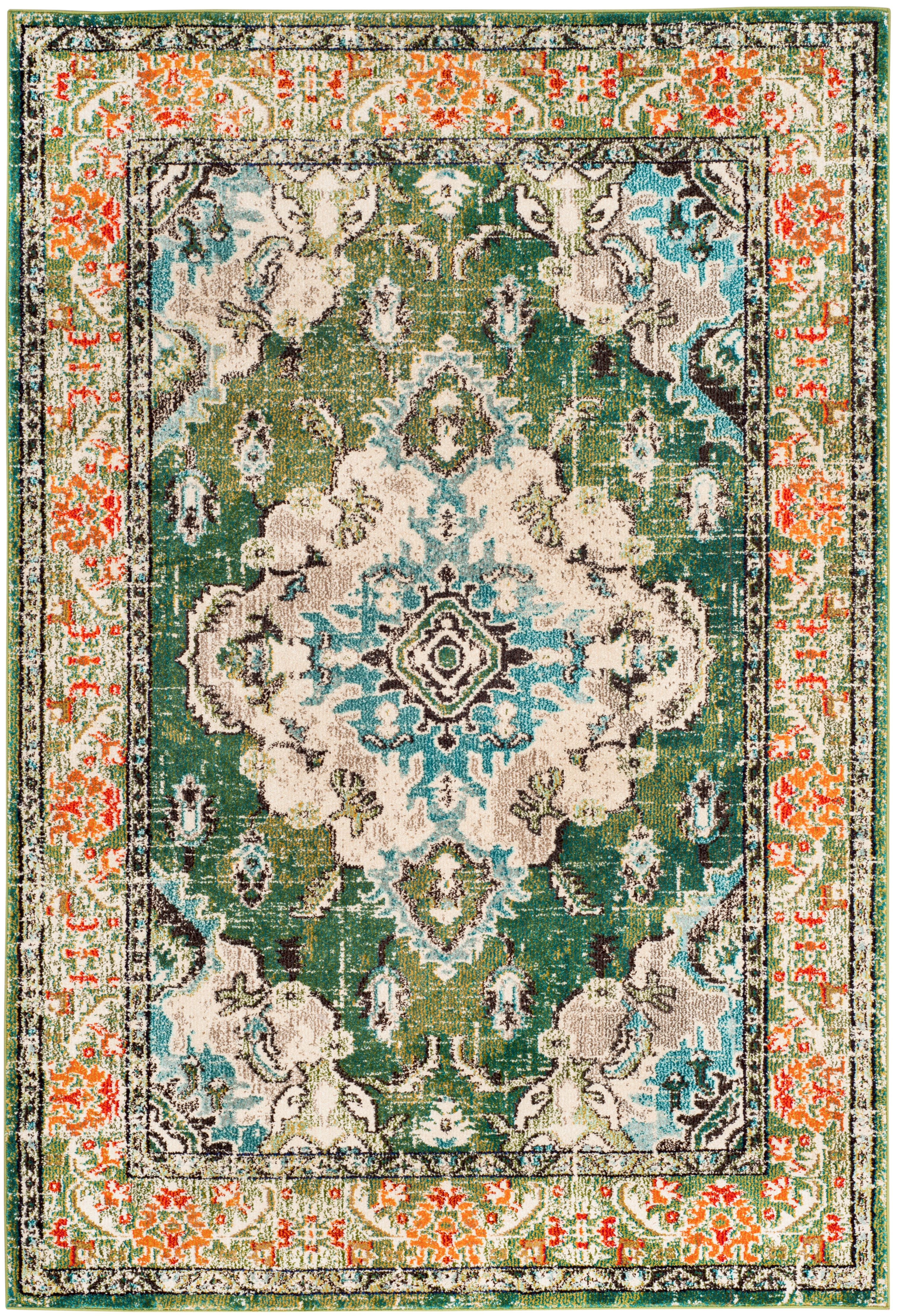 SAFAVIEH Monaco Toria Traditional Area Rug, Forest Green/Light Blue, 6'7" x 9'2" - Traditional Design, Forest Green & Light Blue, Ideal for Living Room, Bedroom, Dining Space