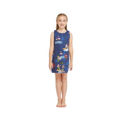 Girls' Hawaiian Empire Dress - White With Blue Hibiscus Print, 100% Cotton Summer Dress