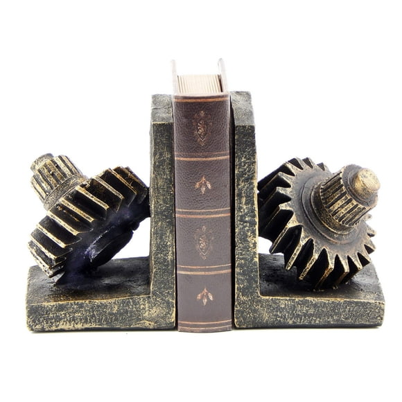 Bellaa 29578 Decorative Bookend Gear Book Ends Industrial Rustic Vintage Unique Heavy Statues Bookshelves Stopper Support Home Decor Accents
