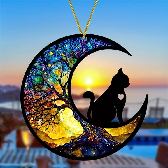 2D Flat, Charming Cat Sun Catcher - 7.8"x7.8" Acrylic Moon Phase Window Hanging, Colorful Decoration for Indoor and Outdoor Use, Perfect Gift for Mom, Family, and Friends, 2D Flat