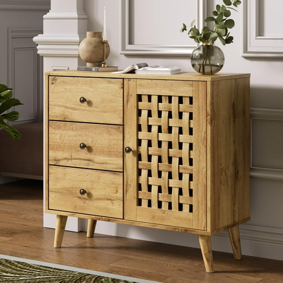 Heynemo Accent Cabinet with Drawers, Entryway Cabinet with Oak Legs, Wooden Decorative Sideboard Cabinet with Adjustable Shelf & Doors for Living Room, Entryway, Dining room, Natural